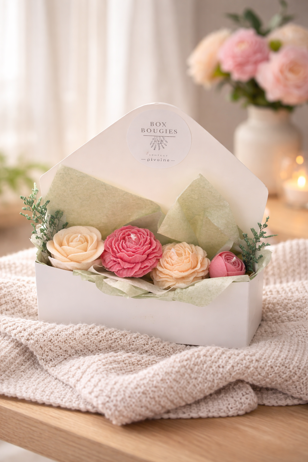 Box de fleurs senteur pivoine en bougies à la cire de soja 